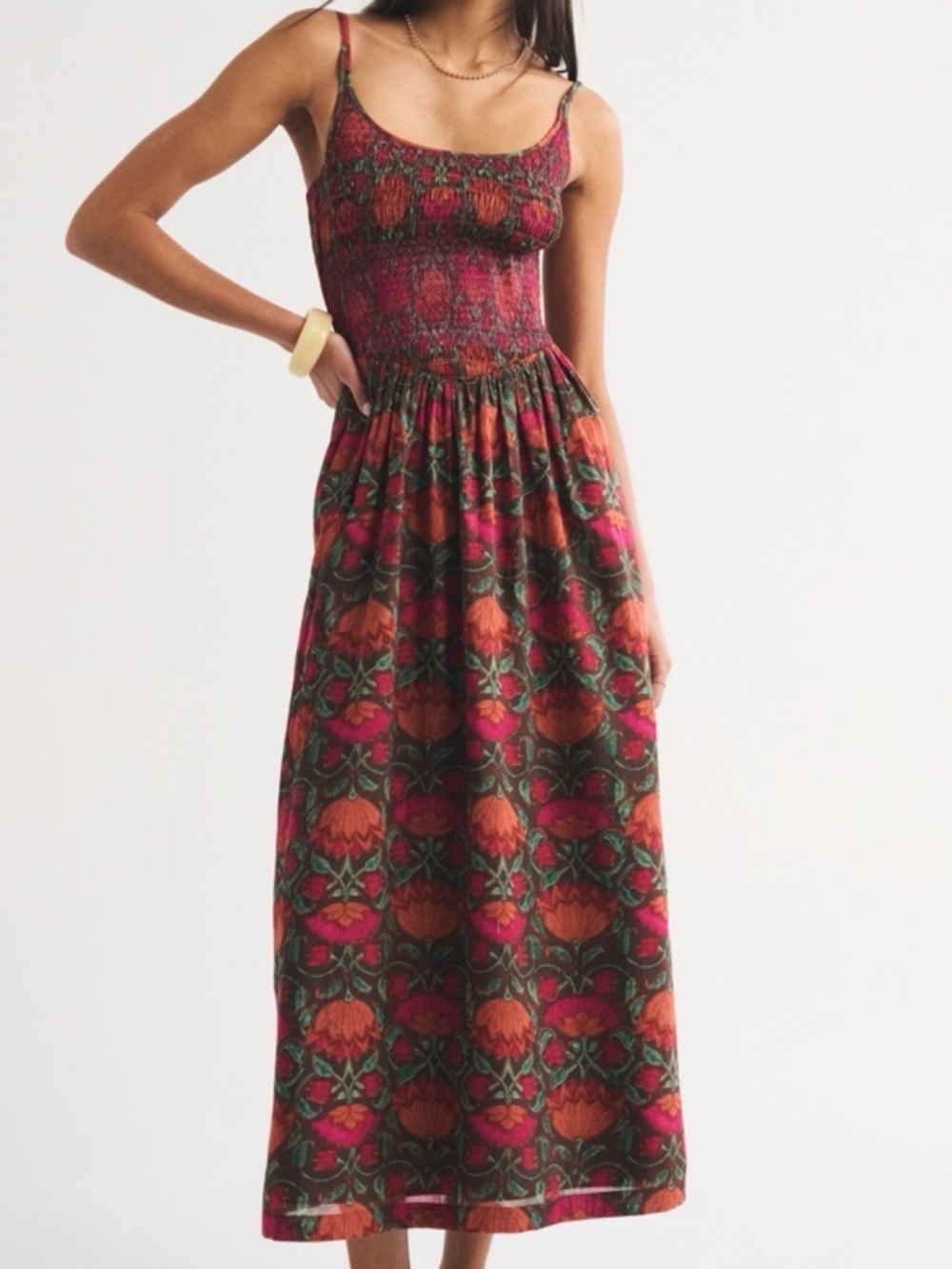 Abercrombie Smocked Bodice Floral Maxi Dress in Red and Orange